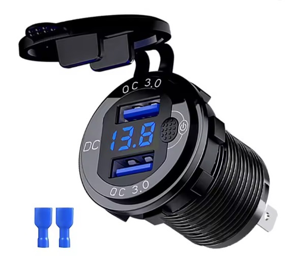 12V - 24V USB Socket 2 x 3A with switch and voltage reading - RED